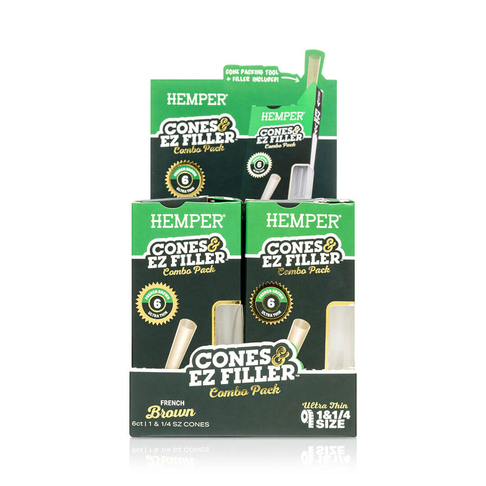 Display - Hemper Ultra Thin Cones & Ez Filler  - Natural Brown 1 1/4 Size 6 Pack - 16