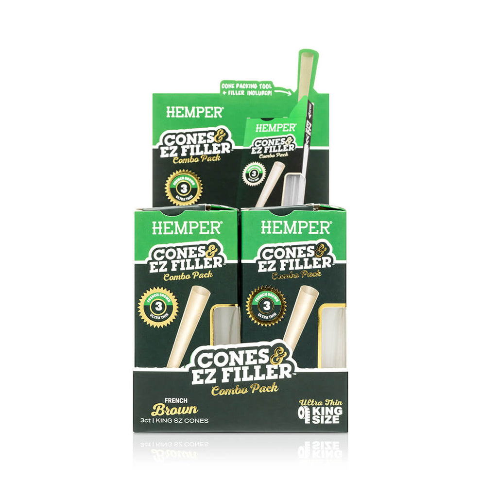 Display - Hemper Ultra Thin Cones & Ez Filler  - Natural Brown King Size 3 Pack - 1