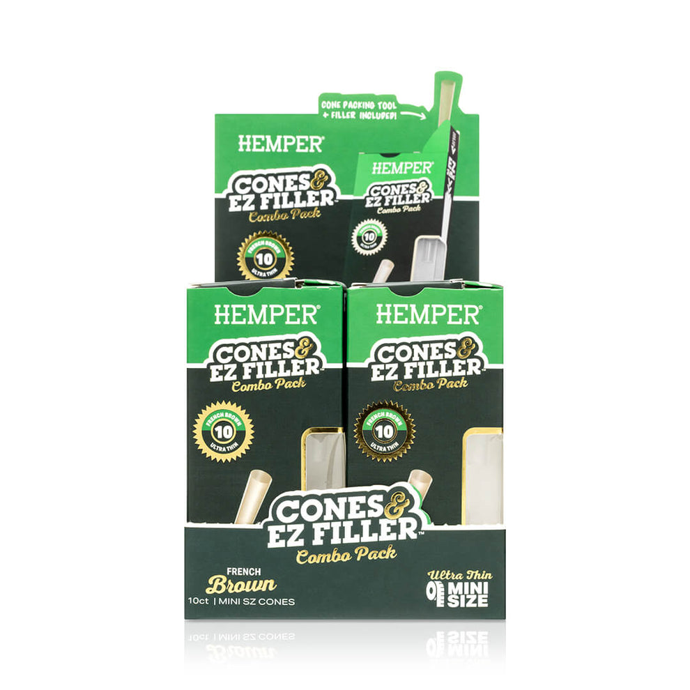 Display - Hemper Ultra Thin Cones & Ez Filler  - Natural Brown Mini Size 10 Pack - 17