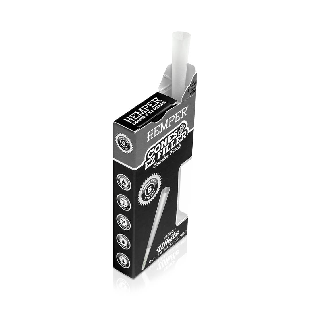 Hemper Ultra Thin Cones & Ez Filler  - Classic White 1 1/4 Size 6 Pack - 