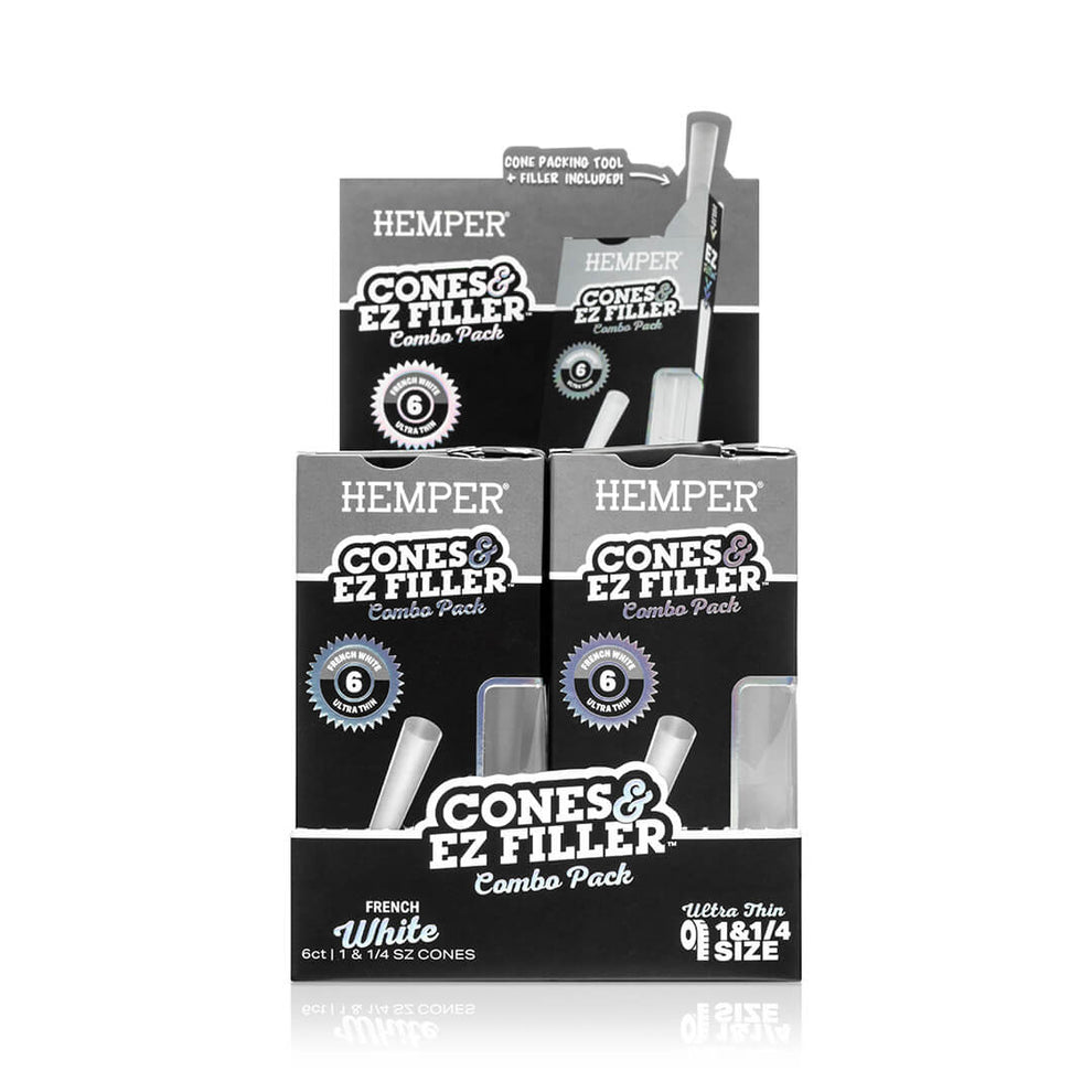 Display - Hemper Ultra Thin Cones & Ez Filler  - Classic White 1 1/4 Size 6 Pack - 14