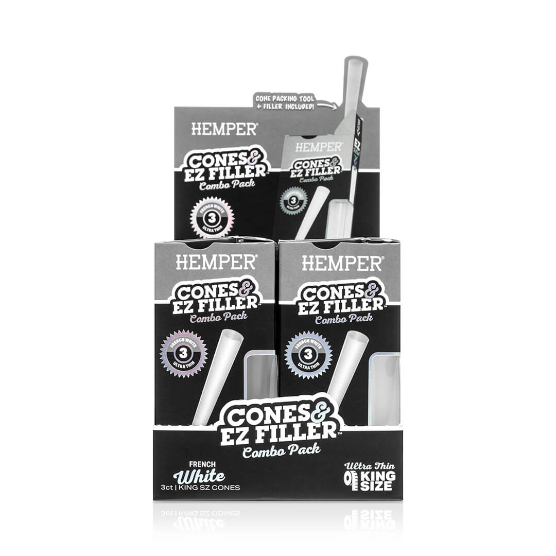 Display - Hemper Ultra Thin Cones & Ez Filler  - Classic White King Size 3 Pack - 