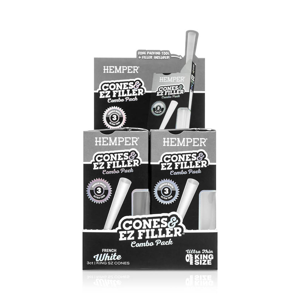 Display - Hemper Ultra Thin Cones & Ez Filler  - Classic White King Size 3 Pack - 13