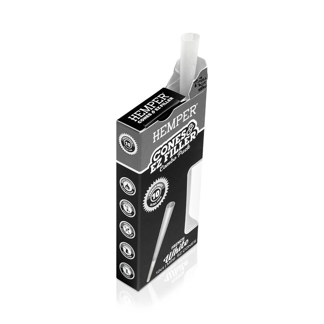 Hemper Ultra Thin Cones & Ez Filler  - Classic White Mini Size 10 Pack - 