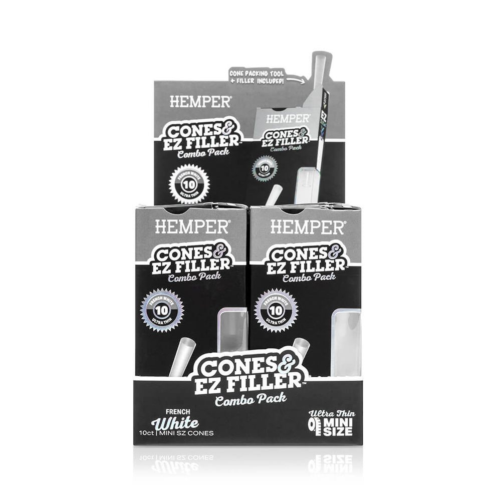 Display - Hemper Ultra Thin Cones & Ez Filler  - Classic White Mini Size 10 Pack - 15
